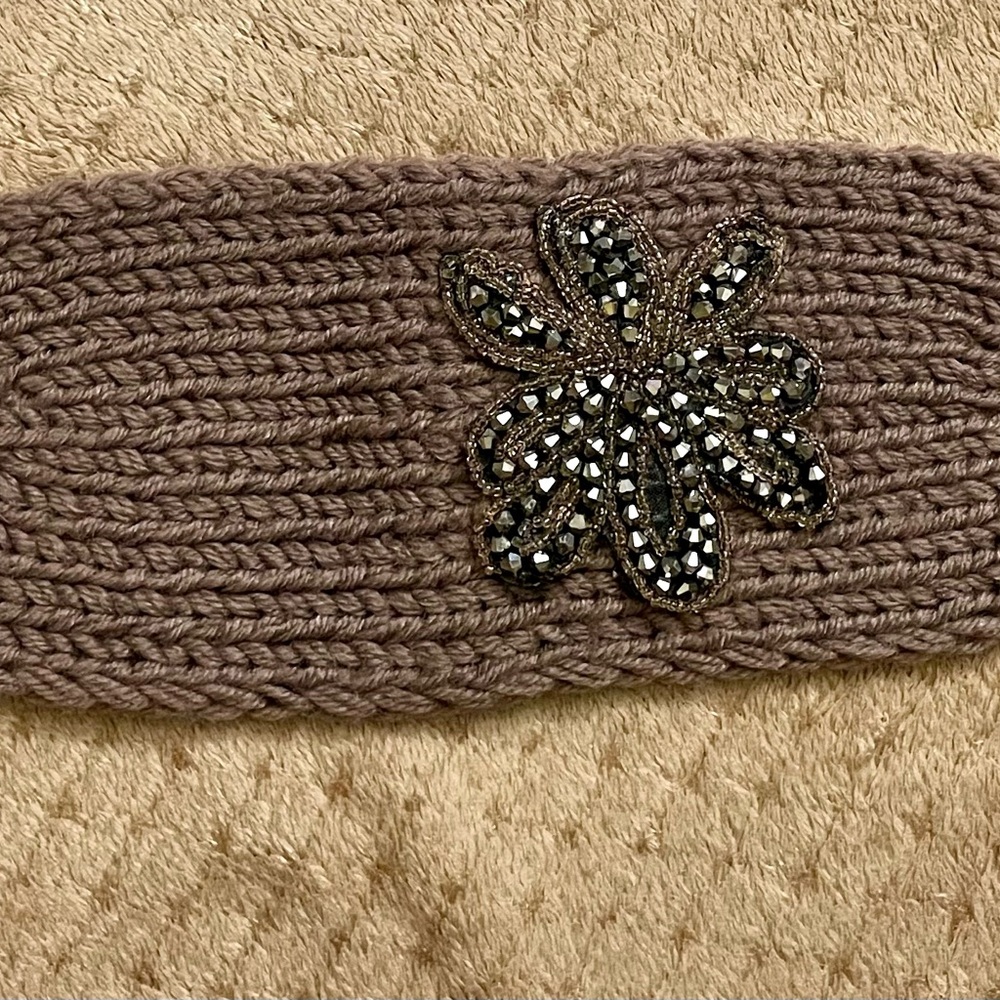 Chic Brown Knit Headband with Beaded Embellishment, Stretchable